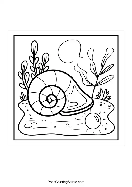 A snail shell among aquatic plants and a pearl.