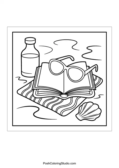 A book, sunglasses, and a drink on a towel.