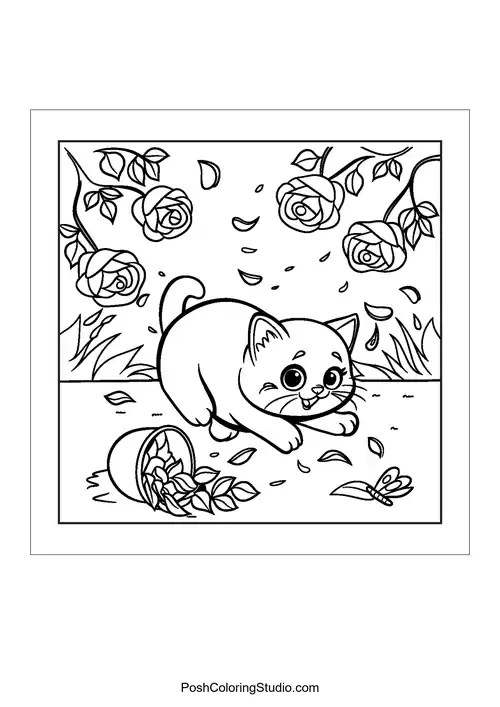 A cat explores a garden with roses and leaves.