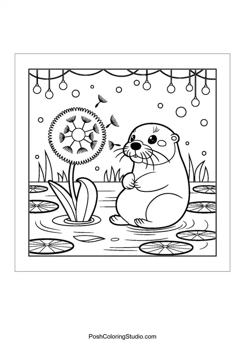 An otter floats on water with a flower.