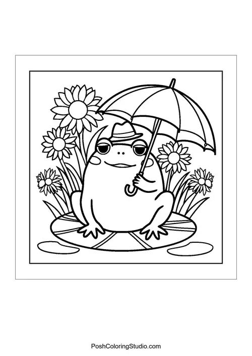 A frog sits under an umbrella among flowers.
