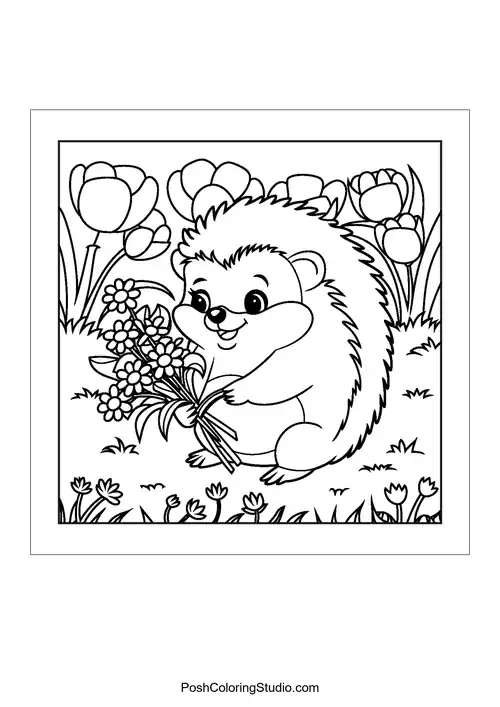 A hedgehog holding a bouquet of flowers among tulips.