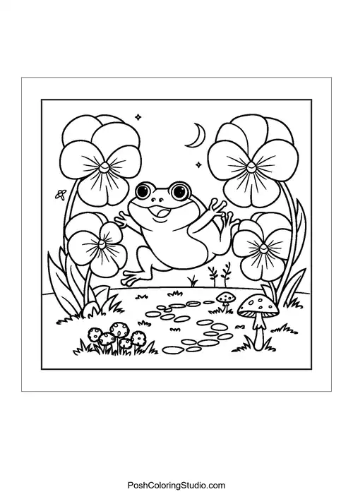 A frog jumping among large flowers and mushrooms.