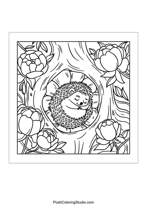 A hedgehog nestled in a tree stump surrounded by peonies.