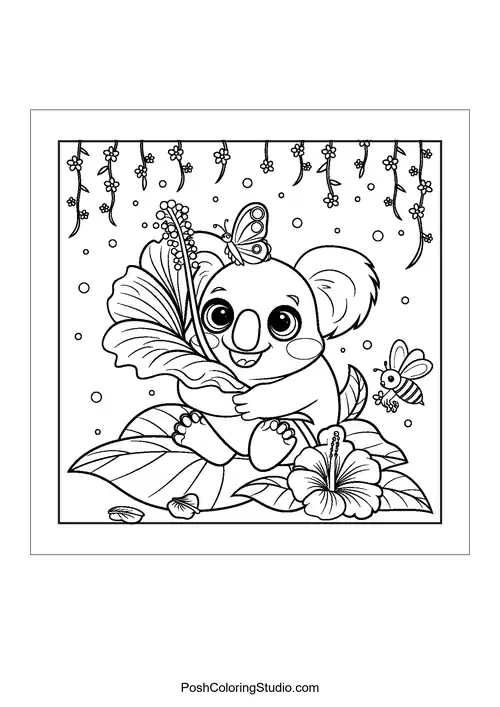 A koala holding a flower with a butterfly nearby.