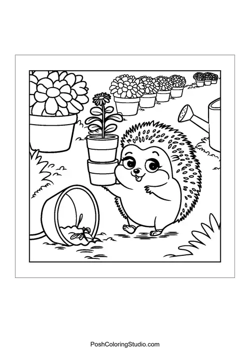 A hedgehog carrying a potted flower in a garden.