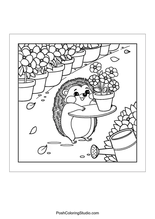 A hedgehog balancing a flower pot on a tray.