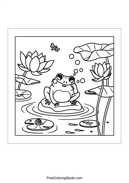 A frog sitting on a lily pad surrounded by water lilies.