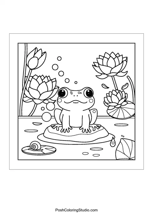 A frog sitting on a lily pad with bubbles around.