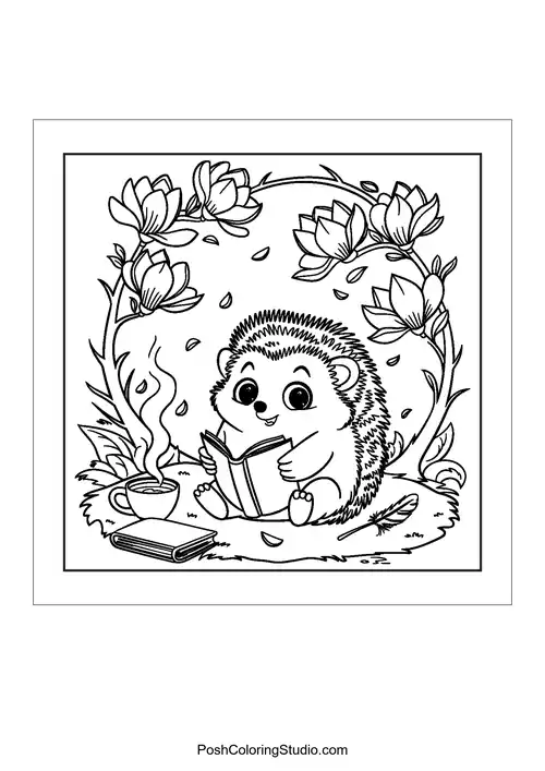 A hedgehog reading a book surrounded by flowers.
