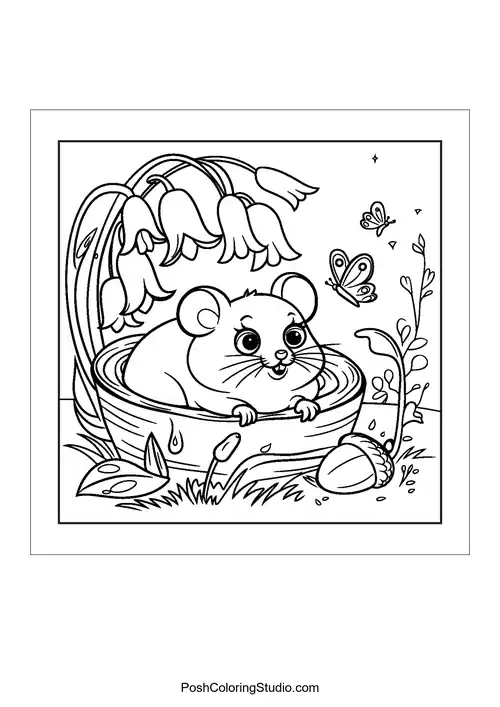 A mouse peeking from a nest surrounded by flowers.