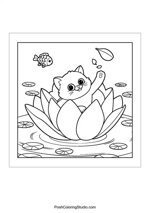 A kitten plays in a lotus flower with a fish.