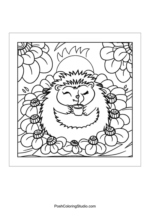A hedgehog sipping tea among blooming flowers.