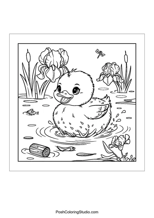 A duckling swimming in a pond surrounded by irises.