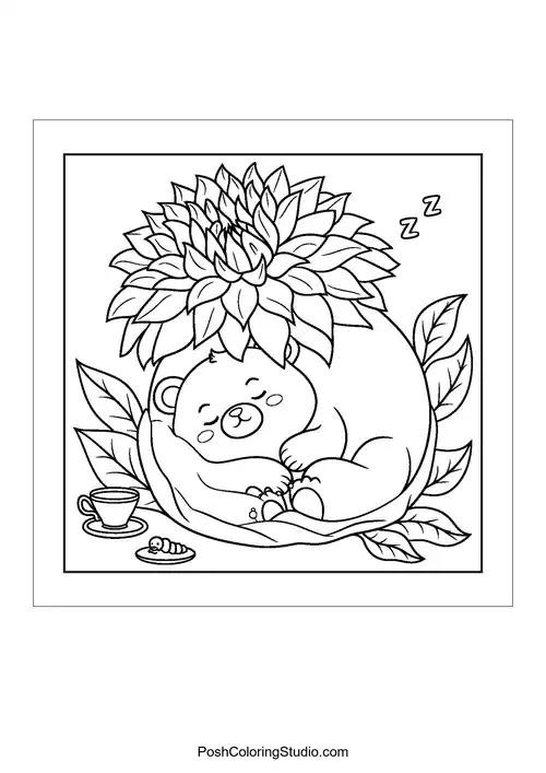 A bear sleeping under a large leaf with a cup nearby.