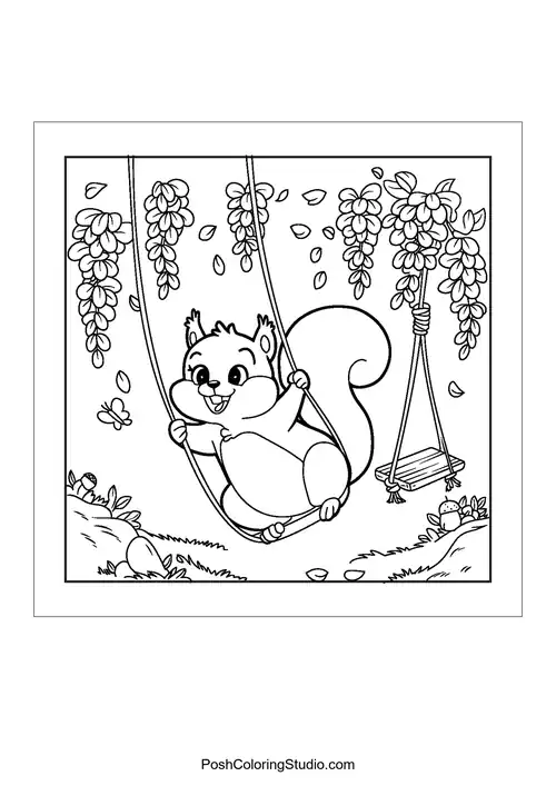 A squirrel swinging on a swing surrounded by flowers.
