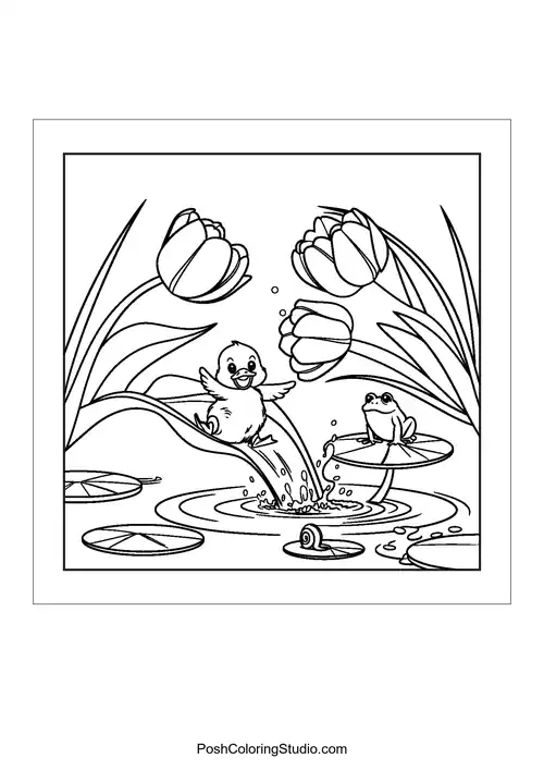 A bird and a frog playing in a pond with flowers.