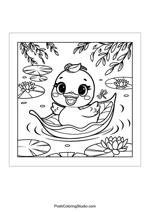 A duckling in a boat surrounded by water lilies.