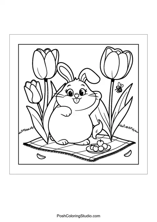 A bunny with eggs surrounded by tulips.