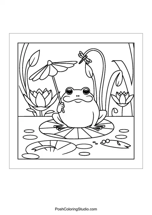 A duckling swimming joyfully in a pond with lilies.