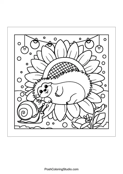 A hedgehog rests beside a snail and flowers.