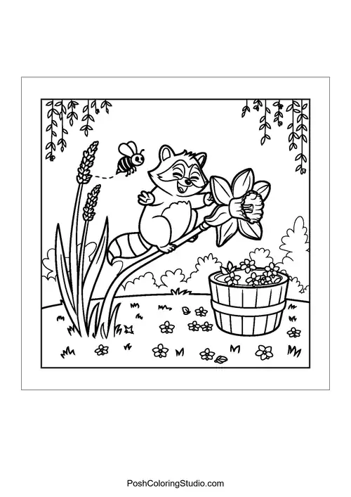 A raccoon picks flowers near a basket.