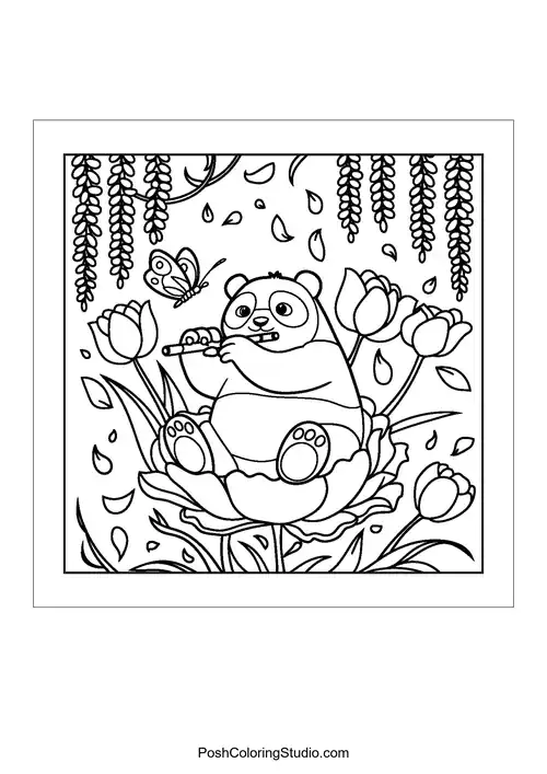 A panda sits among flowers and butterflies.