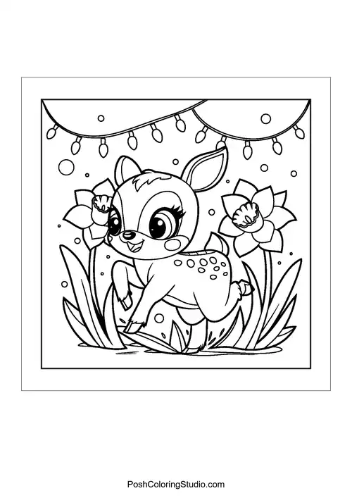 A deer frolics among flowers and lights.
