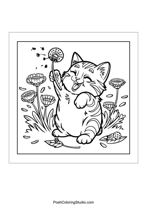 A kitten plays with dandelions in a garden.
