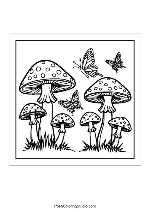 Butterflies flying above mushrooms in a whimsical scene.