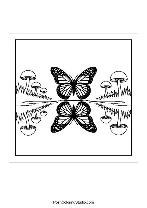 Butterflies and mushrooms in a playful arrangement.