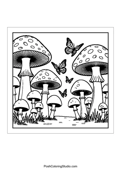 Butterflies and mushrooms in a whimsical design.