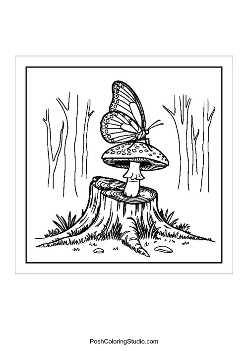 Butterflies and mushrooms in a natural setting.