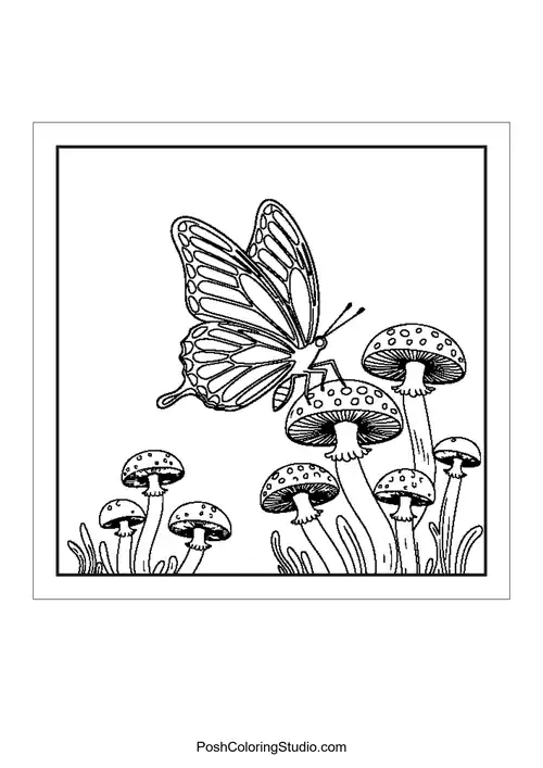 Butterflies and mushrooms in a detailed arrangement.