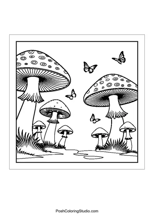 Butterflies and mushrooms in a playful scene.