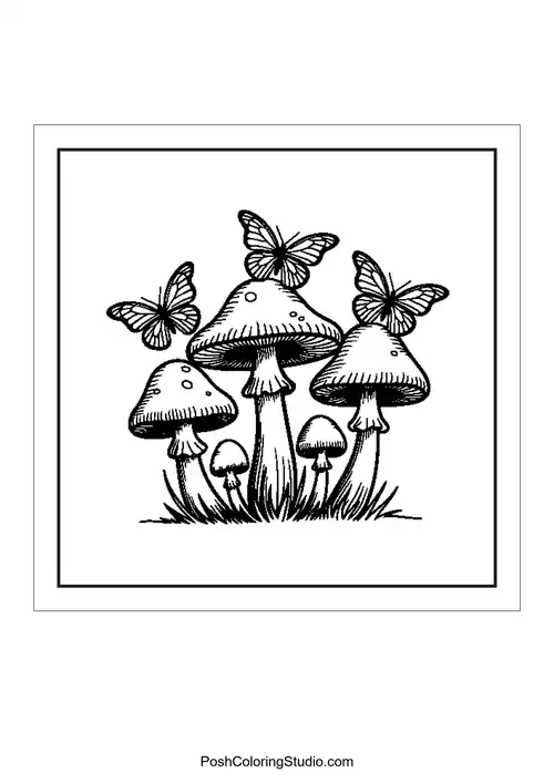 Butterflies and mushrooms in a whimsical pattern.