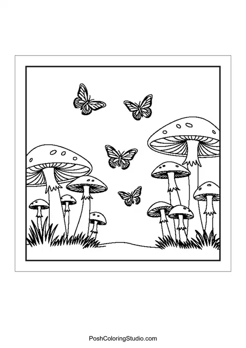 Butterflies and mushrooms in a natural landscape.
