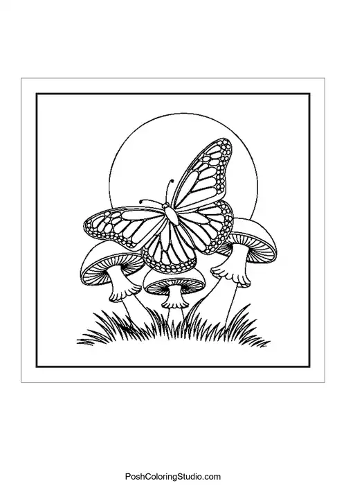 Butterflies and mushrooms in a detailed design.