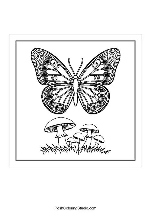 Butterflies and mushrooms in a playful arrangement.