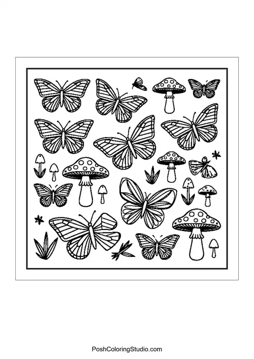 Multiple butterflies and mushrooms in a pattern.