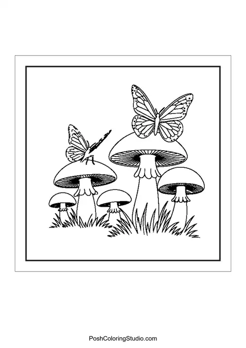 Butterflies and mushrooms in a whimsical scene.