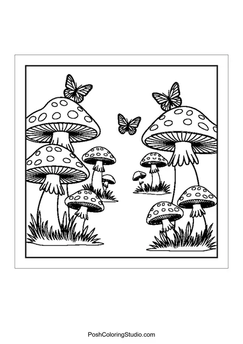 Butterflies and mushrooms in a detailed design.