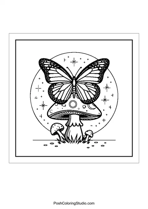 Butterflies and mushrooms in a playful arrangement.