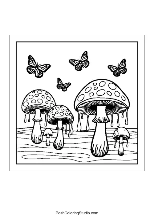 Butterflies and mushrooms in a whimsical pattern.
