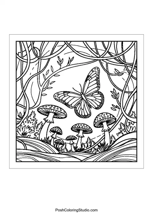 Butterflies and mushrooms in a natural landscape.