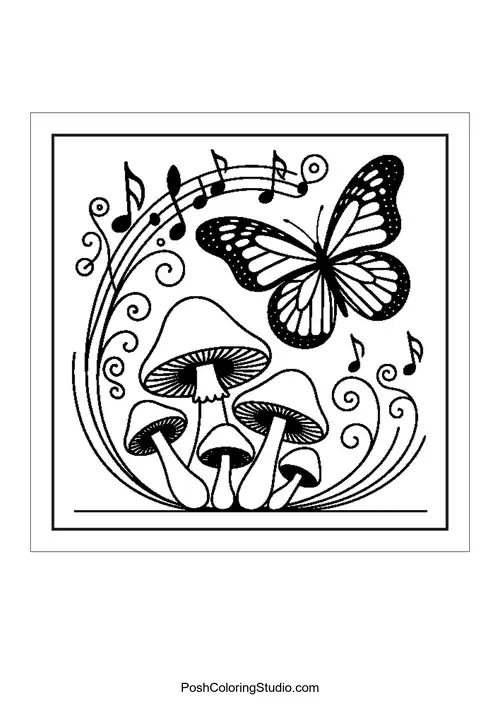 Butterflies and mushrooms in a playful scene.
