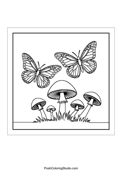 Butterflies and mushrooms in a whimsical design.
