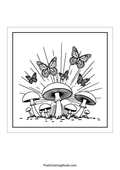 Butterflies and mushrooms in a detailed arrangement.