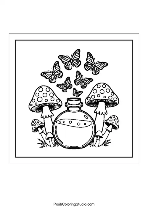 Butterflies and mushrooms in a natural setting.