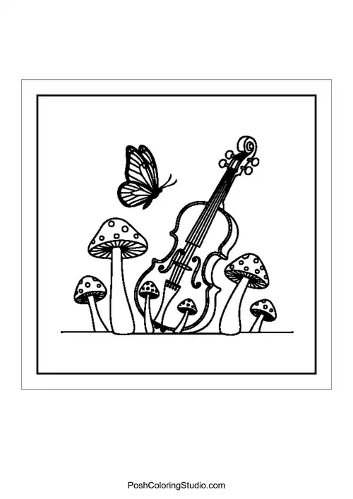 Butterflies and mushrooms in a whimsical scene.